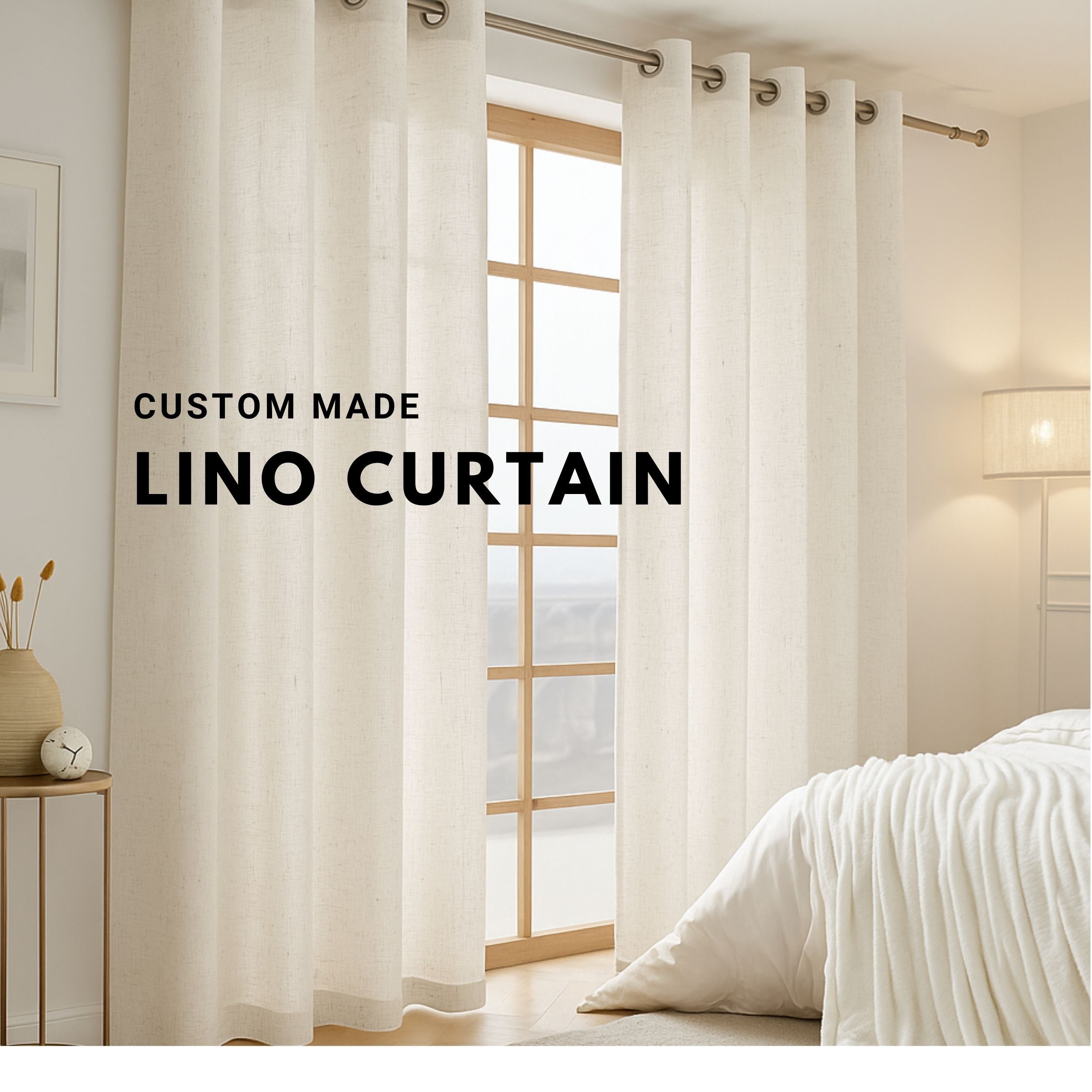 White Lino curtains in a room with a window, bed, and decor items.