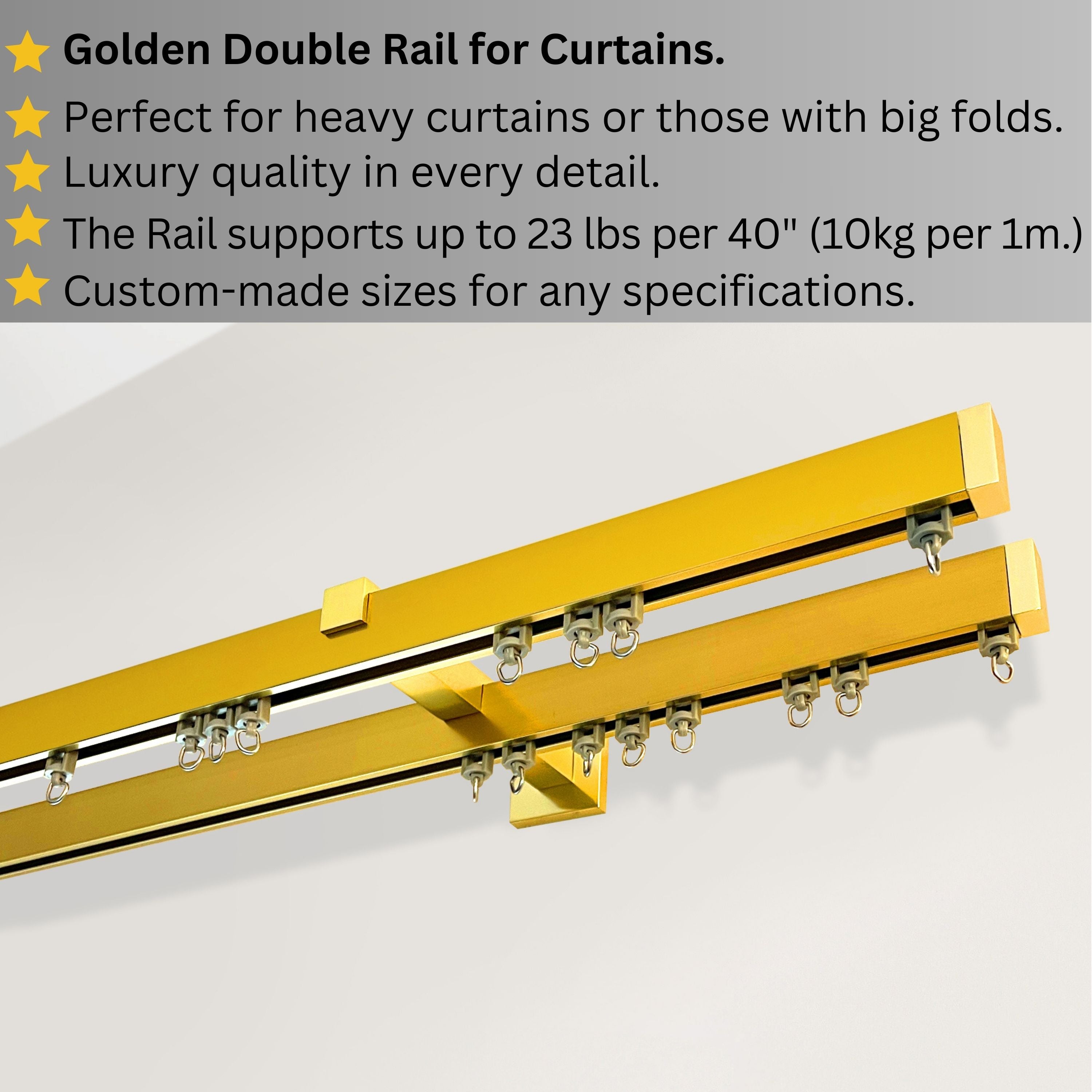 Golden Double Curtain Rail: Custom Sizes, Decorative 2-track Rail for Curtains, Sheers, and Blinds, Wall-Mount Double Track