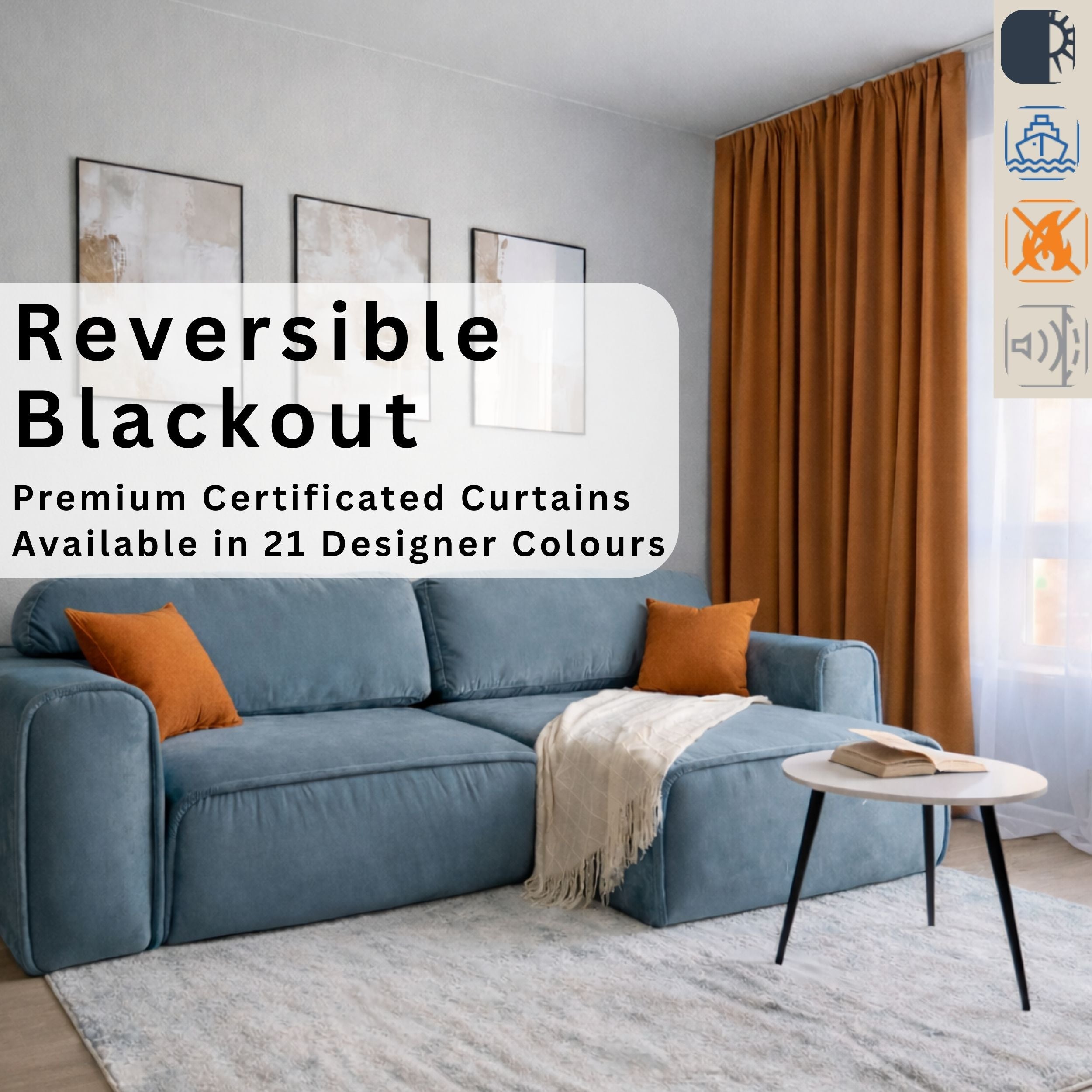 100% Blackout IMO Certified Fire-Retardant Curtains | Soundproof & Flame Retardant Reversible Drapes (21 Colours)