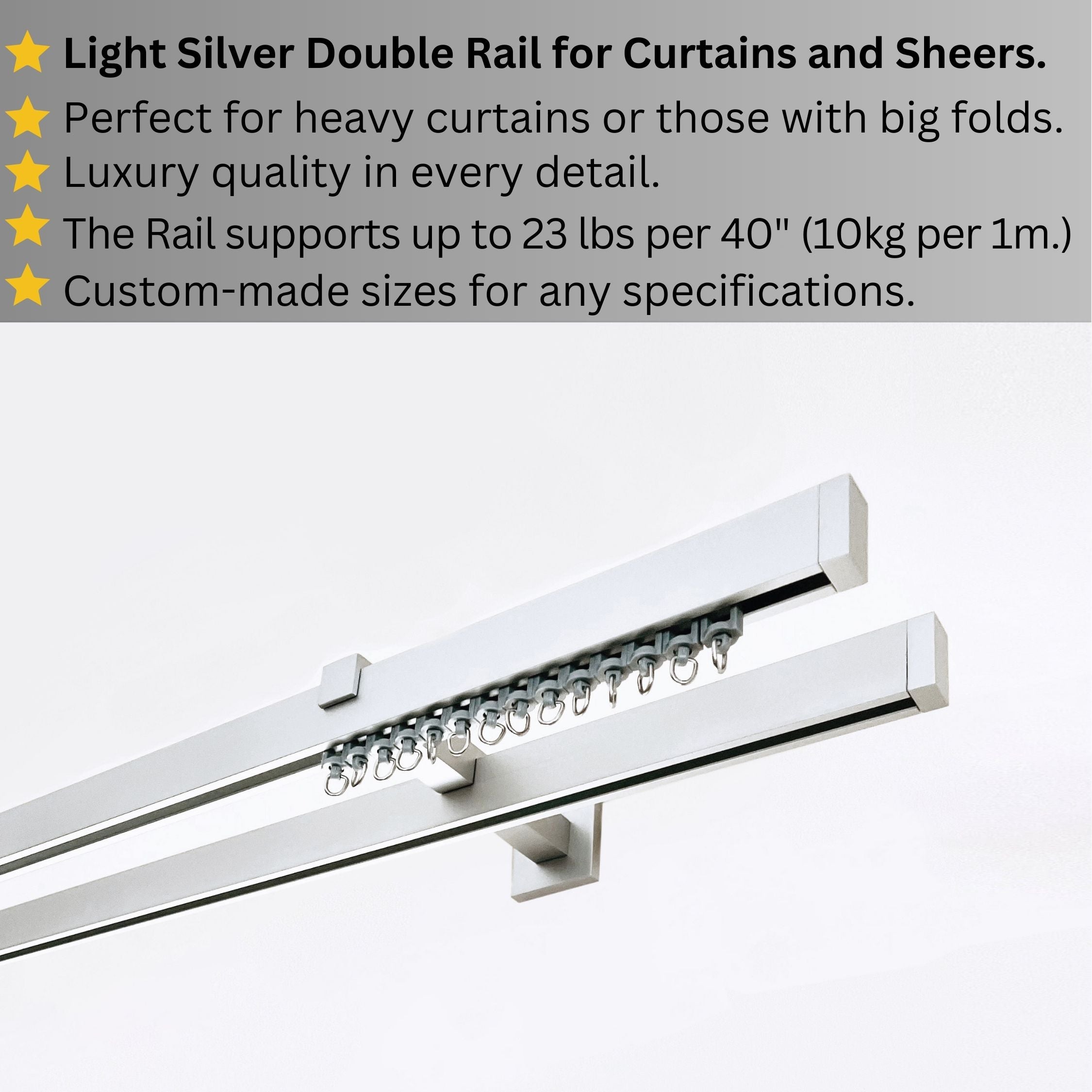 Silver Double Curtain Rail: Custom Sizes, Premium Wall-Mount Heavy-Duty 2-track Rail for Curtains, Blinds, and Sheers