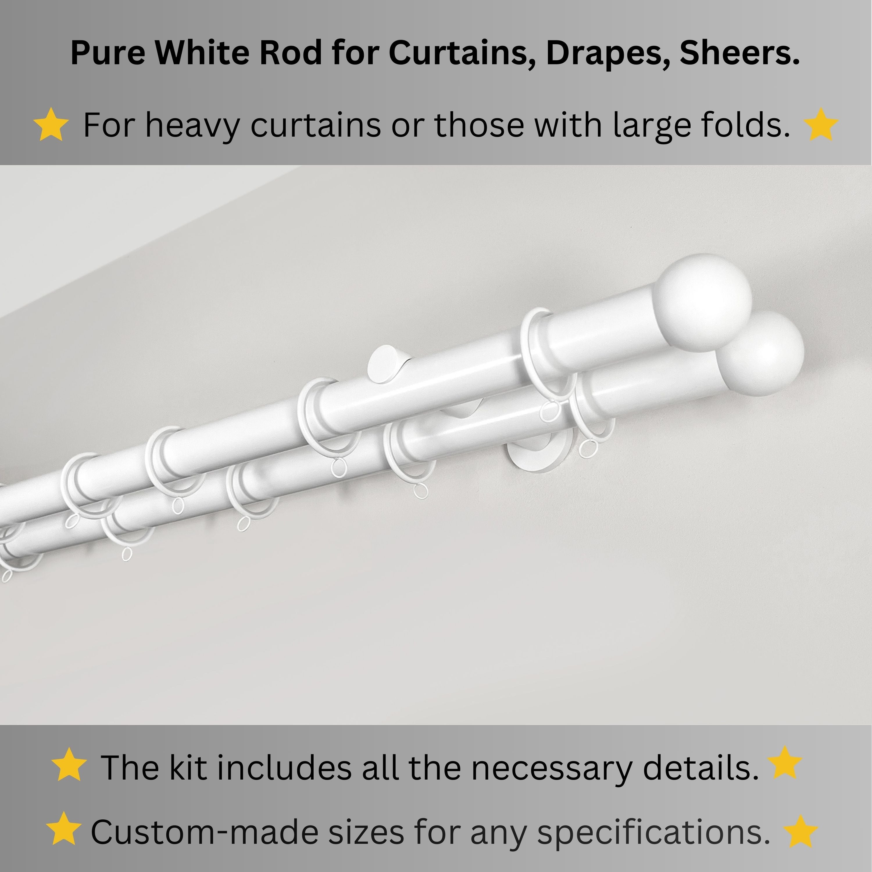 White Double Curtain Rod: Custom Sizes, Decorative Double Pole for Curtains, Sheers, and Blinds, Wall-Mount Poles
