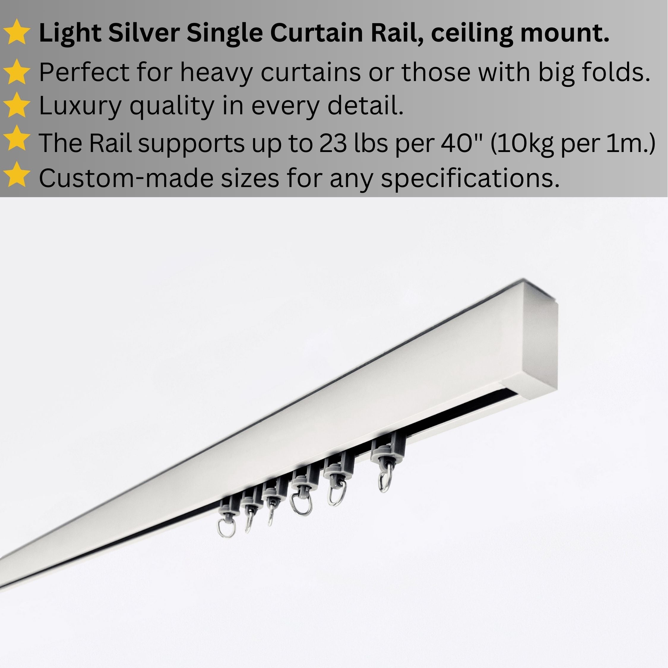 Silver Single Curtain Rail: Custom Sizes, Decorative Single Track Rail for Blinds, Curtains, and Sheers, Ceiling-Mount Rail