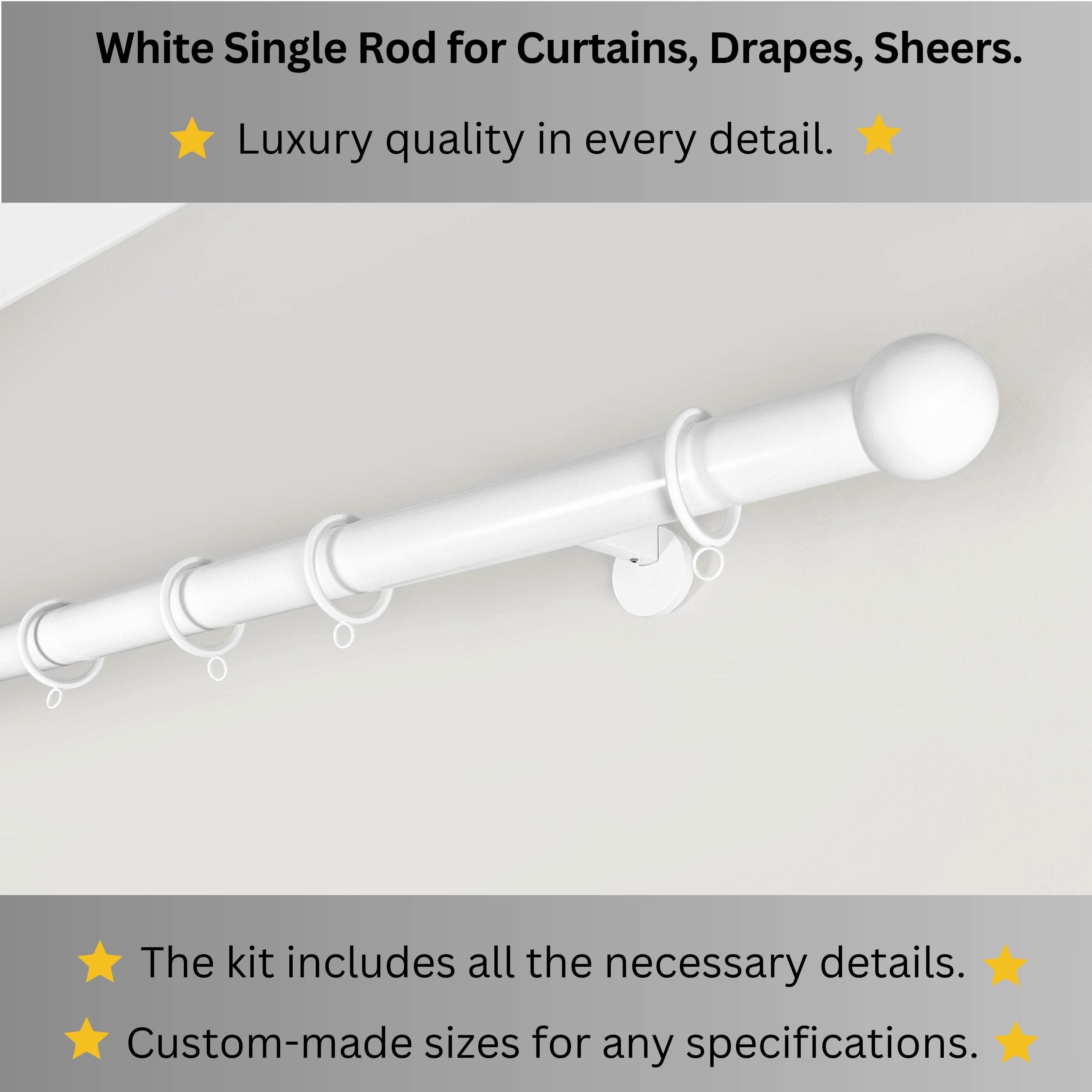 White Single Curtain Rod: Custom Sizes, Decorative Single Pole for Curtains, Sheers, and Blinds, Wall-Mount Single Rod