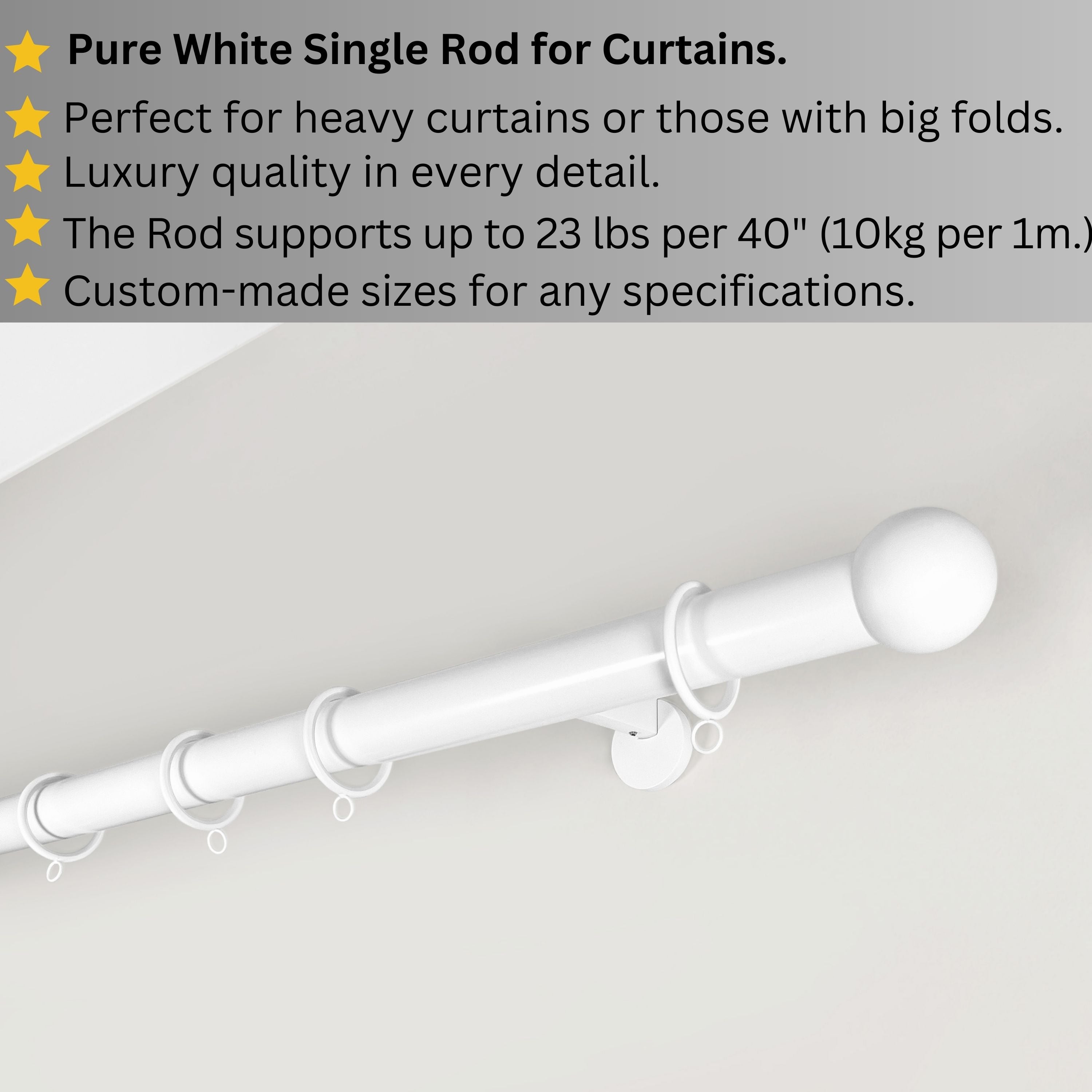 White Single Curtain Rod: Custom Sizes, Decorative Single Pole for Curtains, Sheers, and Blinds, Wall-Mount Single Rod