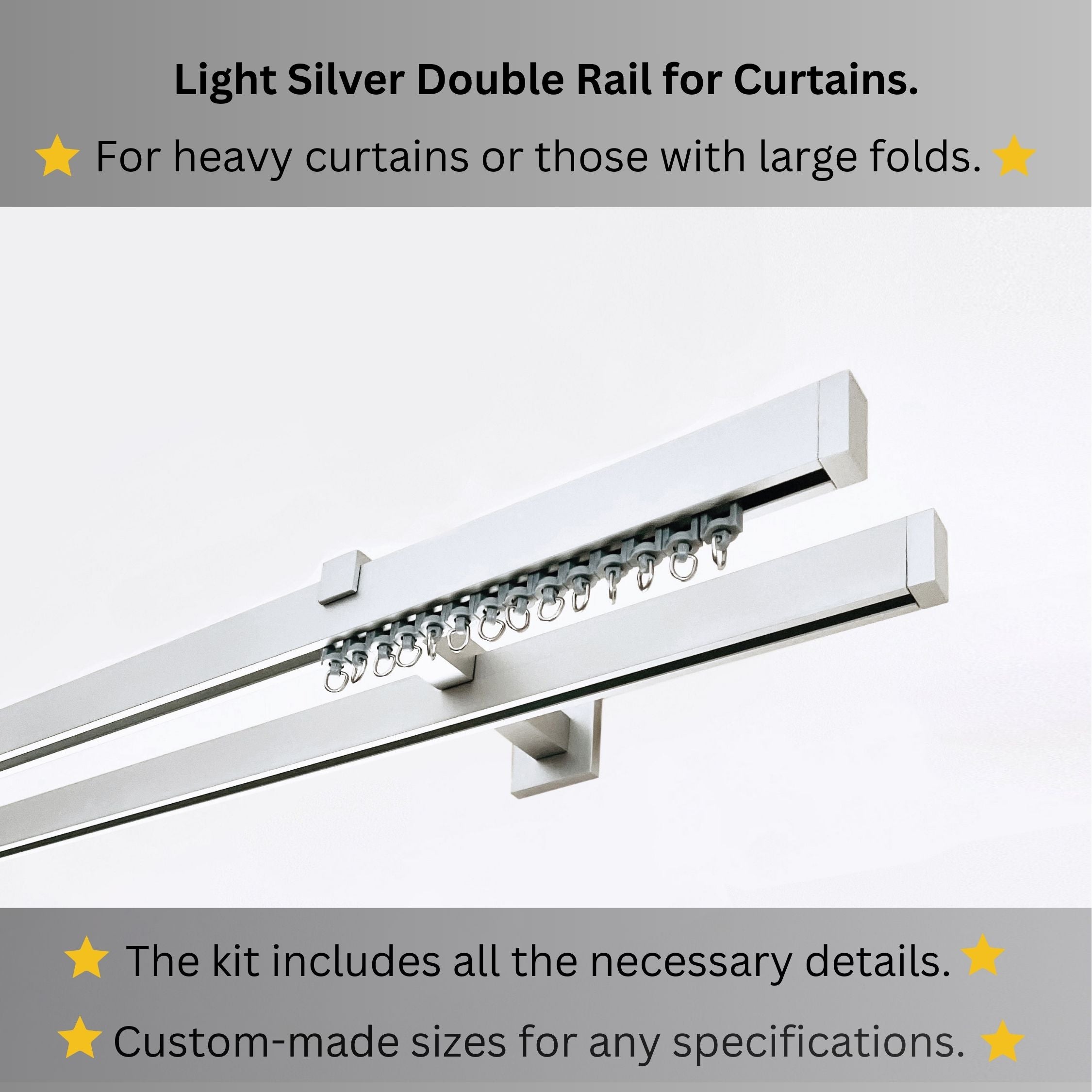 Silver Double Curtain Rail: Custom Sizes, Premium Wall-Mount Heavy-Duty 2-track Rail for Curtains, Blinds, and Sheers