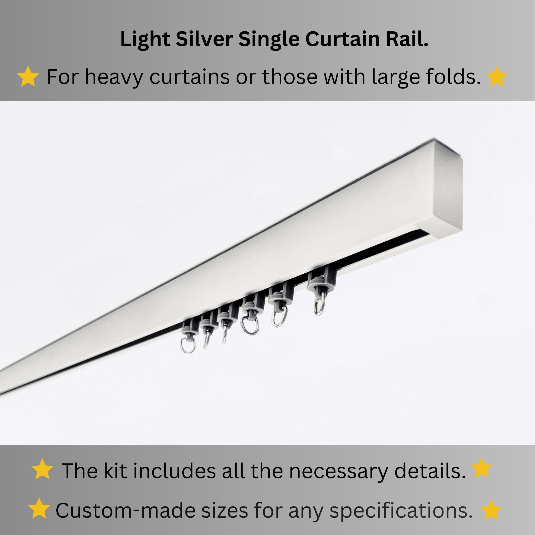 Silver Single Curtain Rail: Custom Sizes, Decorative Single Track Rail for Blinds, Curtains, and Sheers, Ceiling-Mount Rail