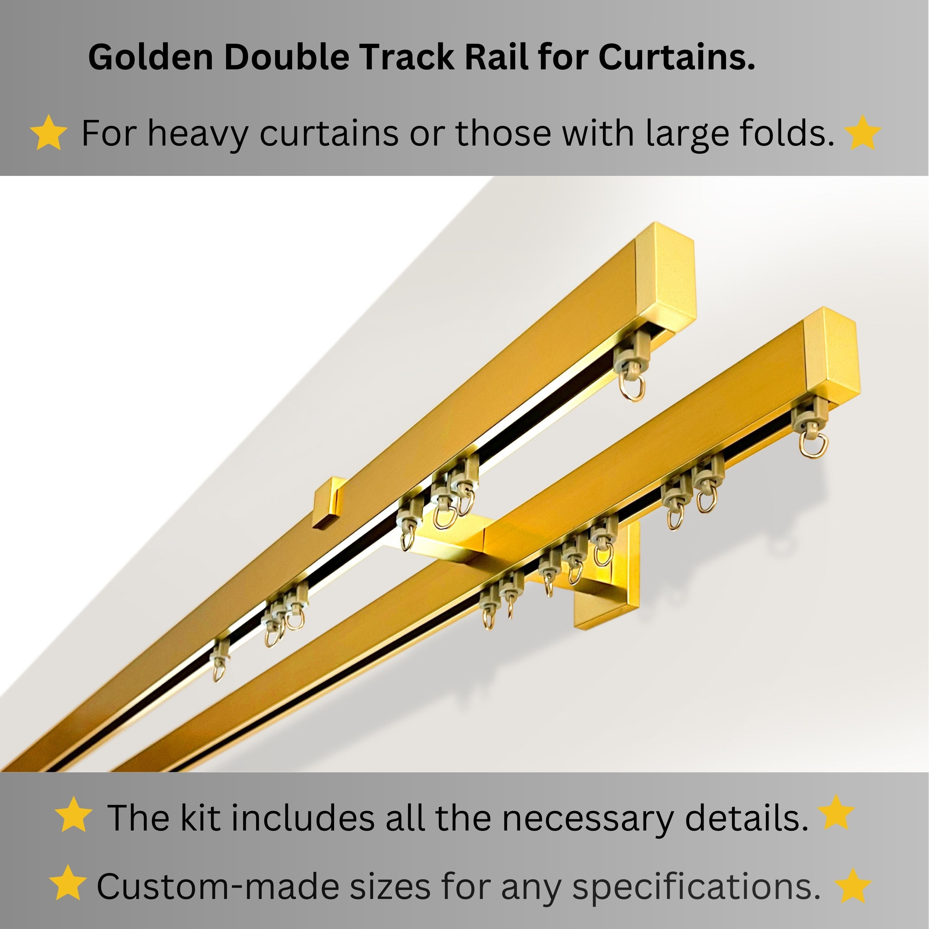 Golden Double Curtain Rail: Custom Sizes, Decorative 2-track Rail for Curtains, Sheers, and Blinds, Wall-Mount Double Track