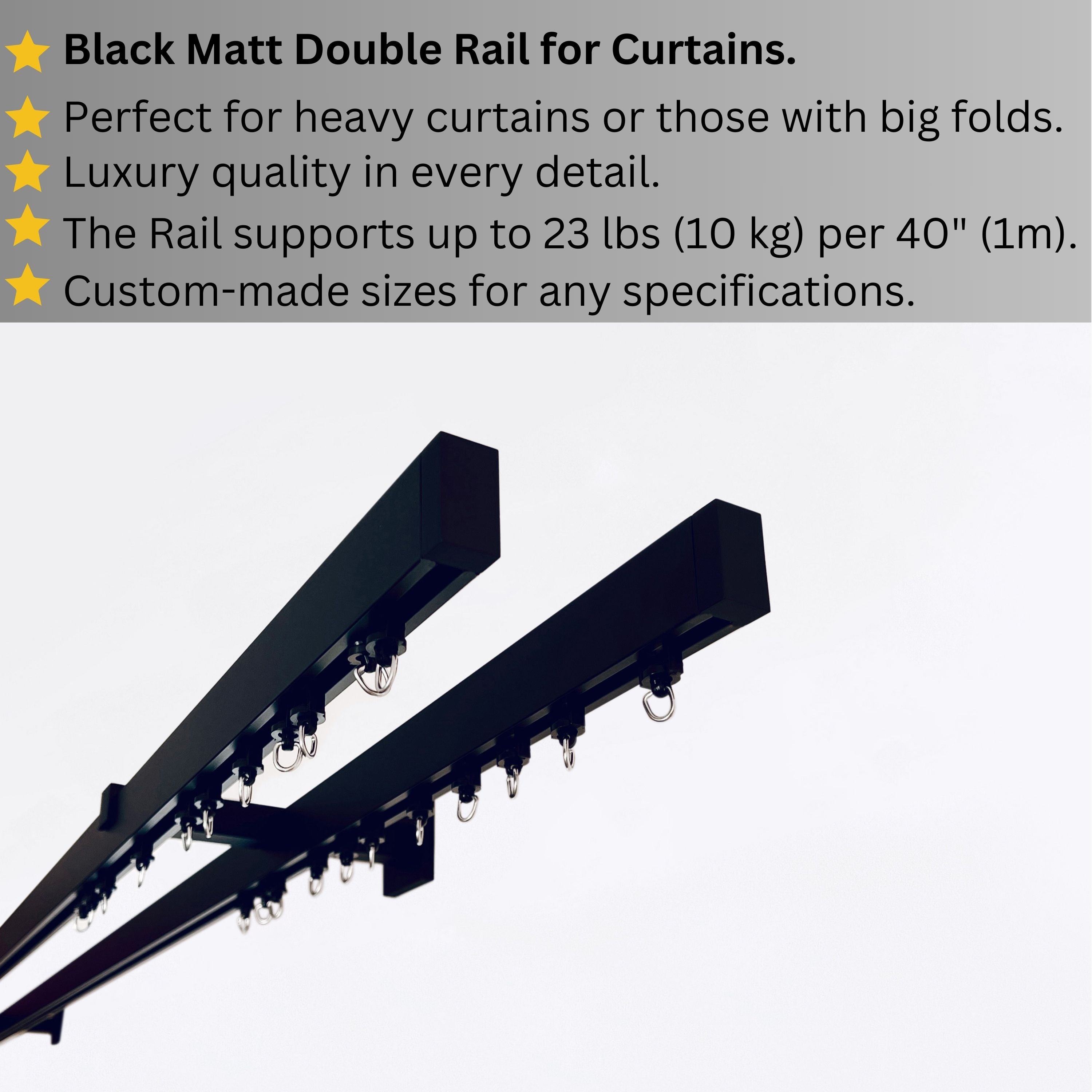 Black Matte Double Curtain Rail: Custom Sizes, Decorative 2-track Rail for Curtains, Sheers, and Blinds, Wall-Mount Double Track