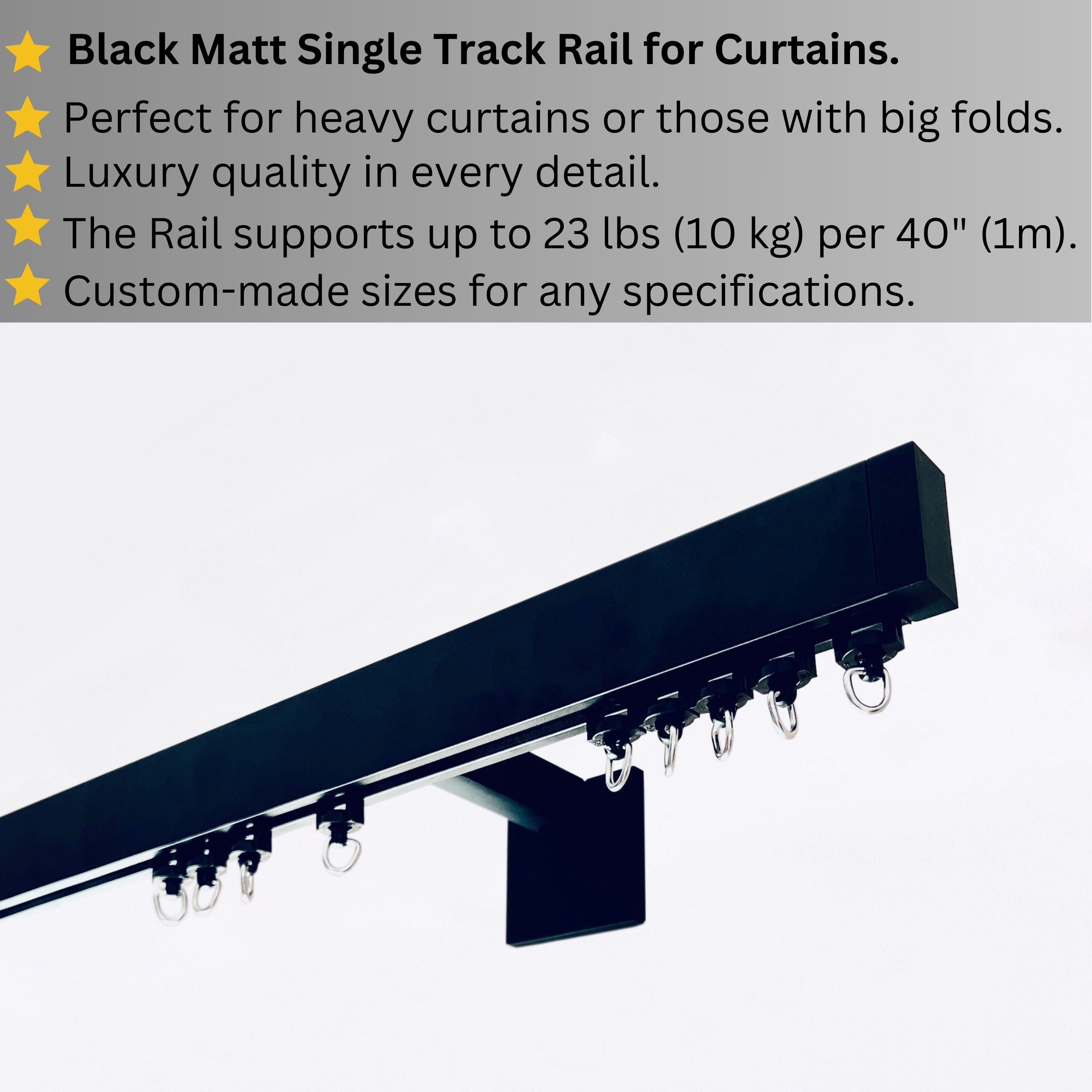 Black Matte Single Curtain Rail: Custom Sizes, Decorative Single Rail for Curtains, Sheers, and Blinds, Wall-Mount Single Track
