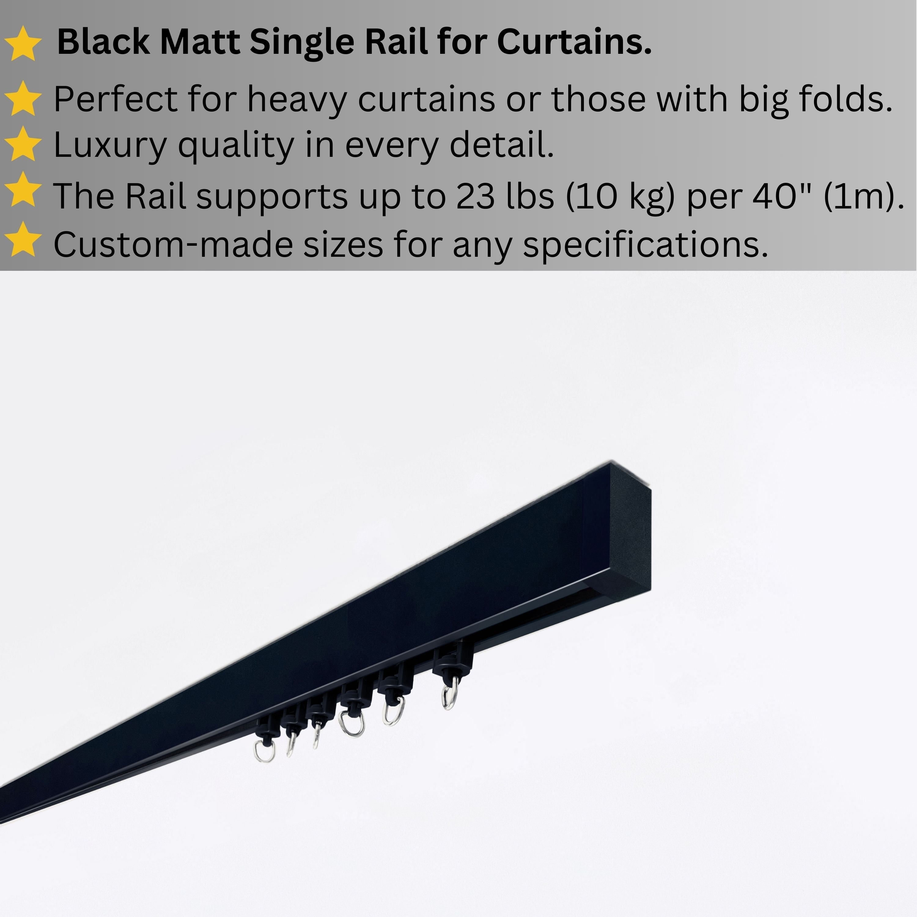 Single Black Matte Curtain Rail: Custom Sizes, Decorative Single Track Rail for Blinds, Curtains, and Sheers, Ceiling-Mount