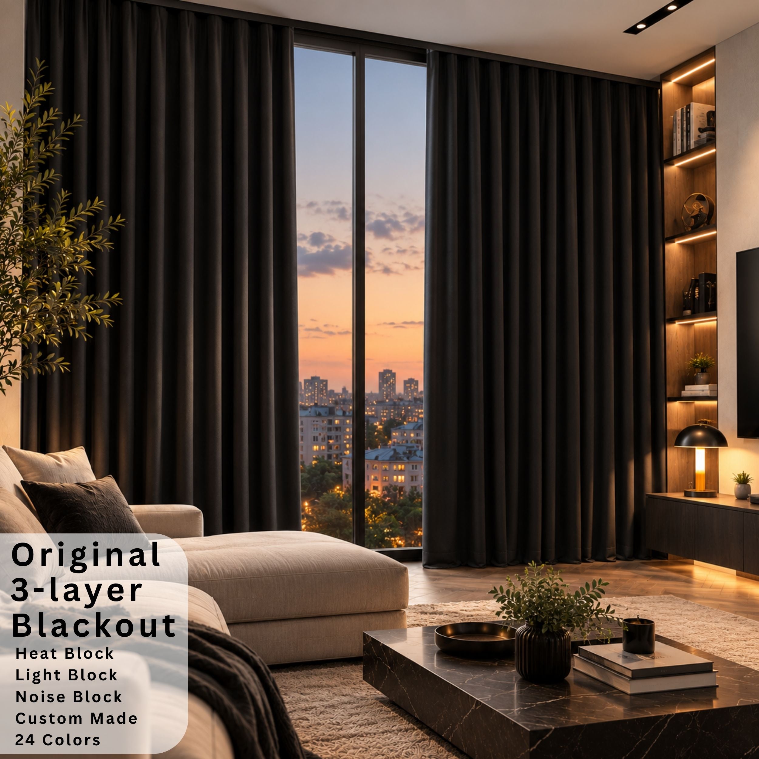 Black Thermal Blackout Curtains - Made-to-Measure Sun Blocking Heat Protection Drapes, Nursery & Living Room, 24 Colours
