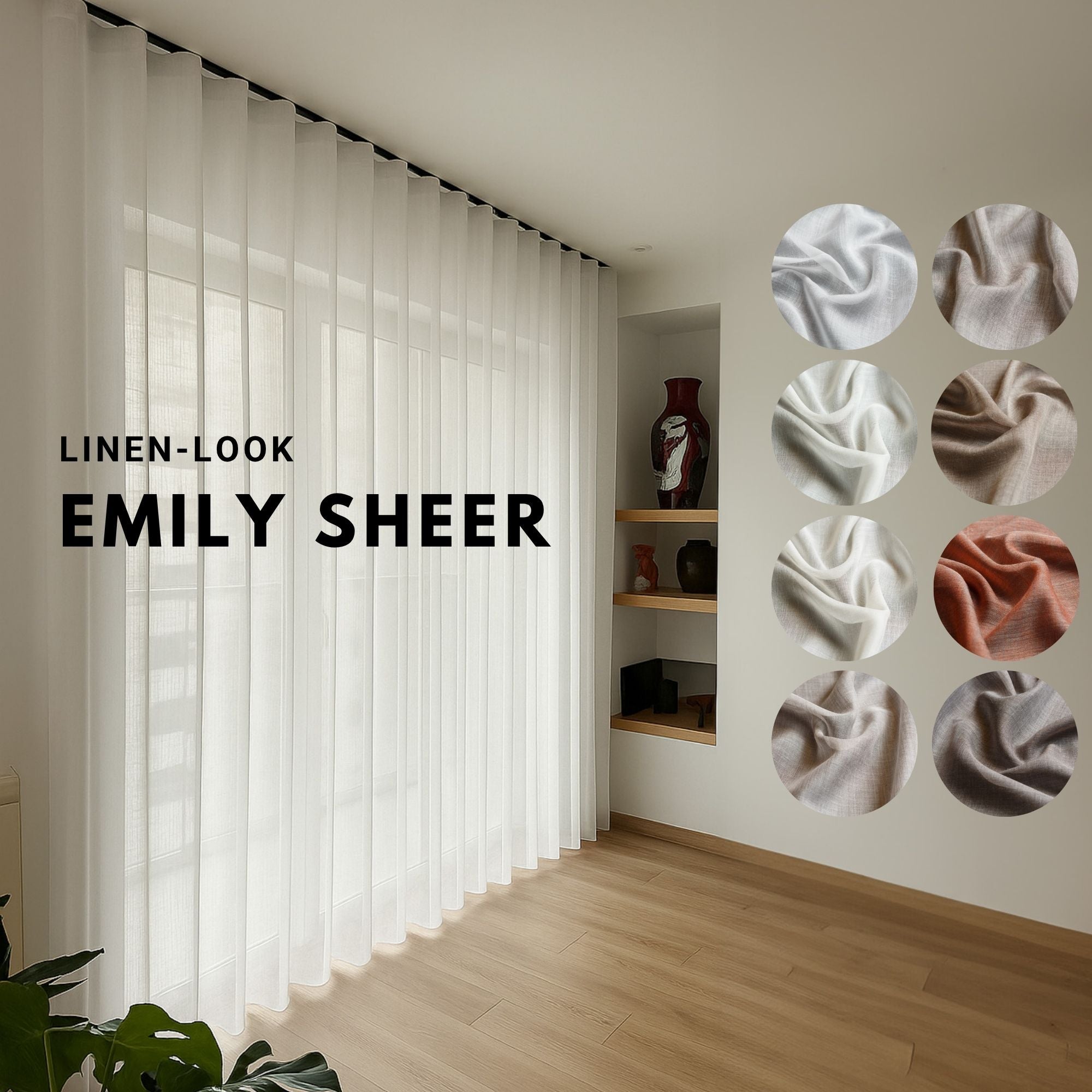 Elegant soft sheer curtain Emily in white hanging in a bright, modern living room.