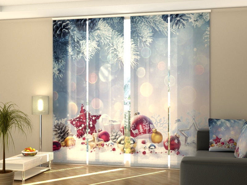Sliding Panel Curtain Christmas Red and Golden Baubles