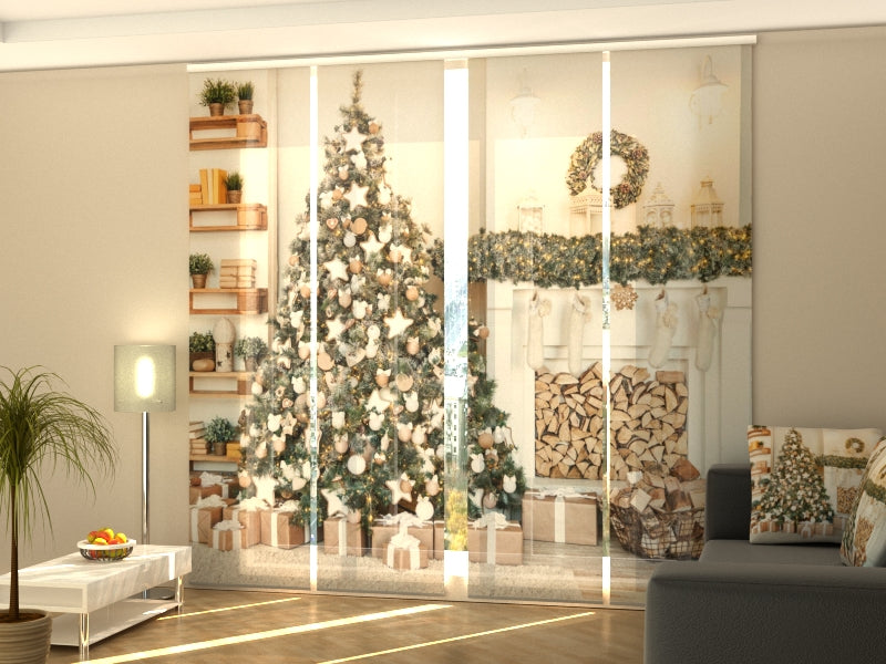 Sliding Panel Curtain Christmas Tree with White and Wooden Decorations