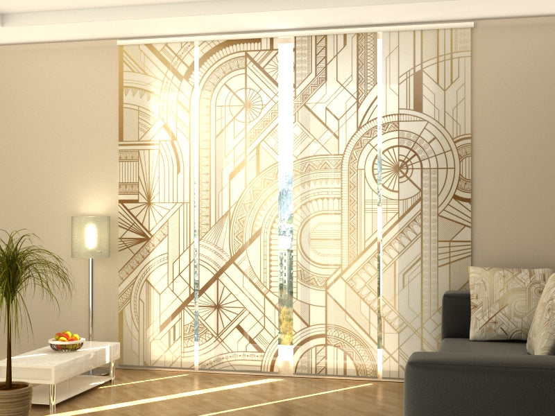 Sliding Panel Curtain Geometric Gold and White Pattern
