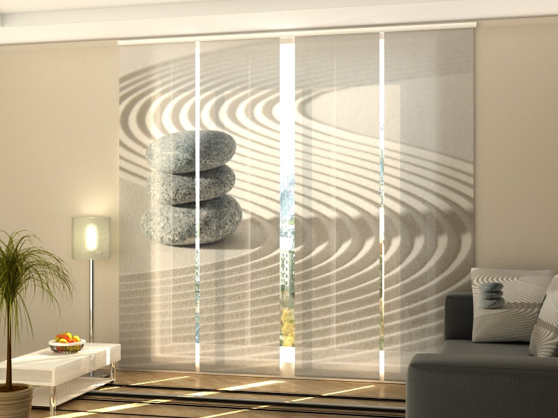 Sliding Panel Curtain Japanese Zen Garden with Stacked Stones