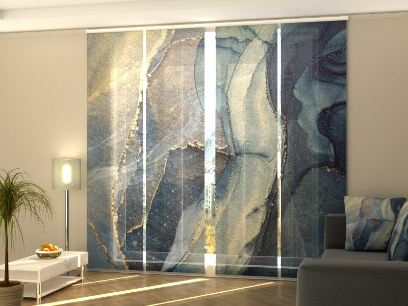 Sliding Panel Curtain Luxury Abstraction in Blue and Gold