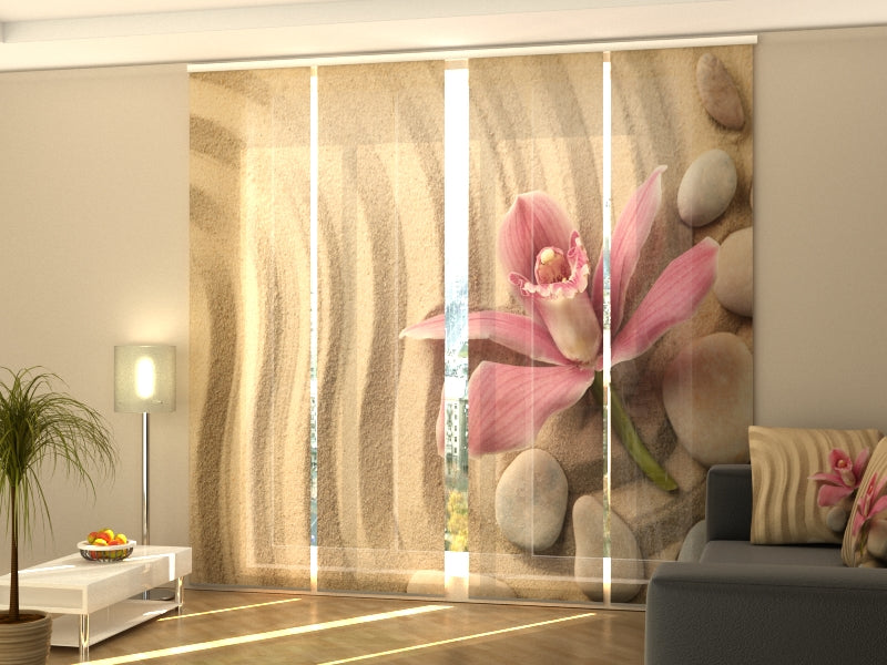 Sliding Panel Curtain Orchid and Spa Stones on Sand