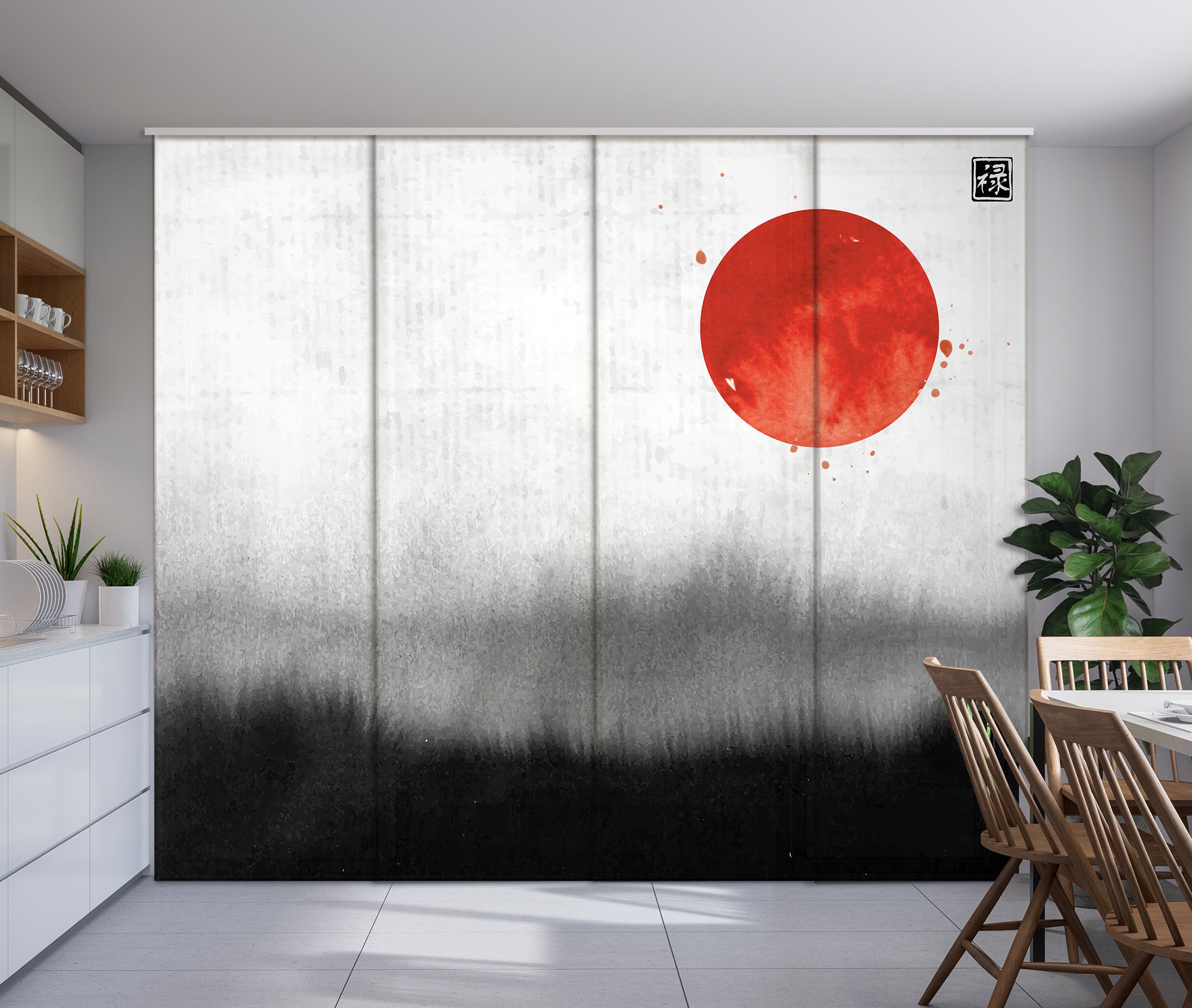 Sliding Panel Curtain Oriental Painting with Hieroglyphs of: Eternity, Freedom, Happiness, Well-being