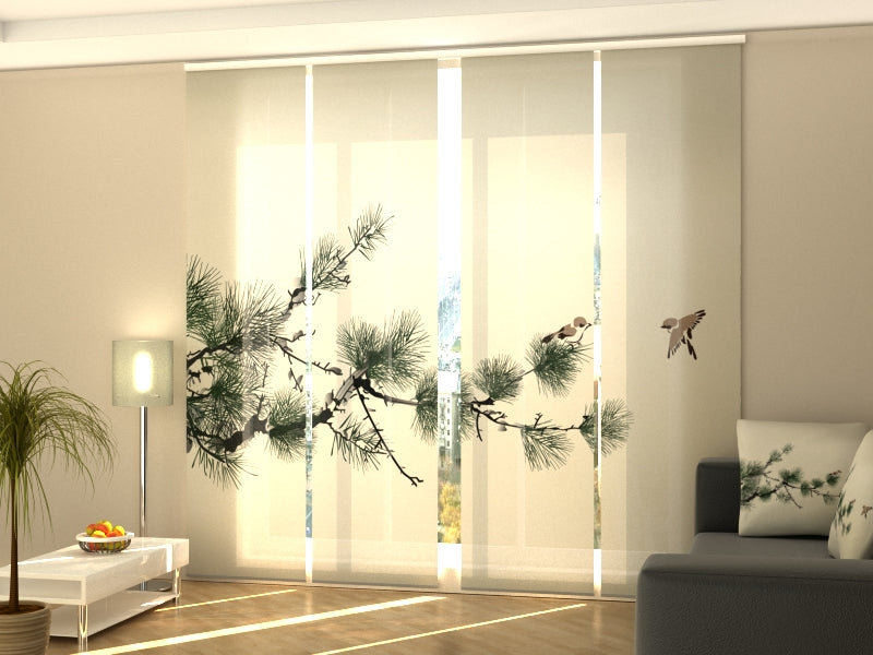 Sliding Panel Curtain Oriental Pine Tree and Birds
