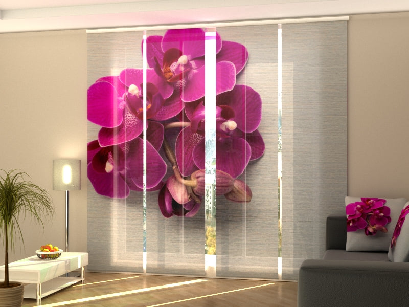 Sliding Panel Curtain Raspberry Orchid on a Gray Wood