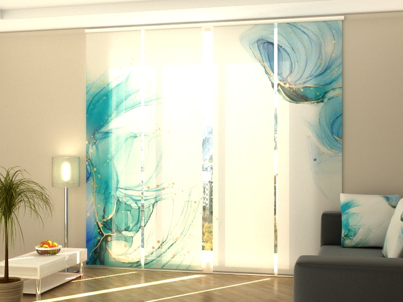 Sliding Panel Curtain Turquoise-Green Watercolor with Gold Lines