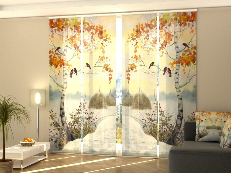 Sliding Panel Curtain Watercolor Bullfinches on the Birch