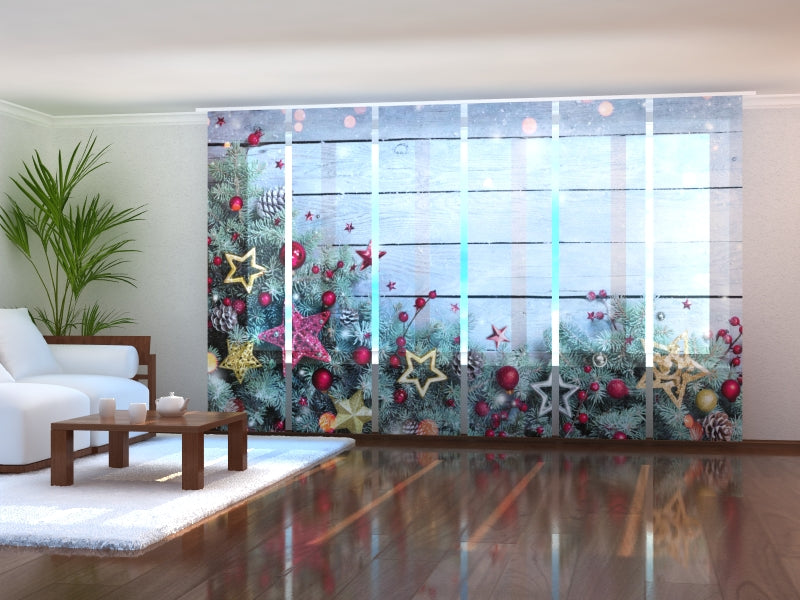 Sliding Panel Curtain Christmas Decoration from Fir Branches and Stars