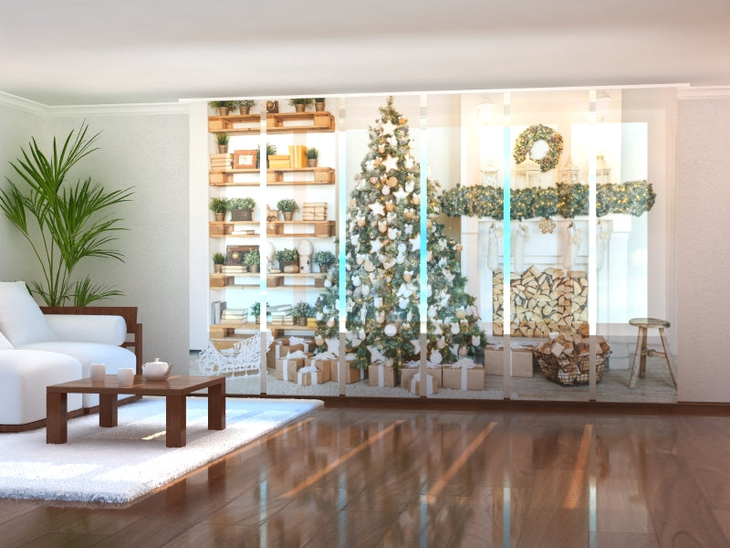 Sliding Panel Curtain Christmas Tree with White and Wooden Decorations