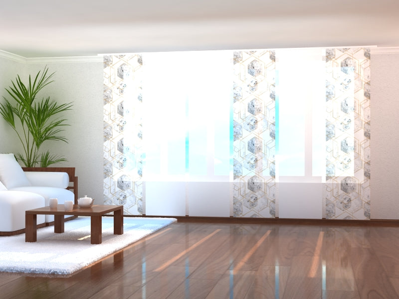 Sliding Panel Curtain Gray Marble and Gold Pattern