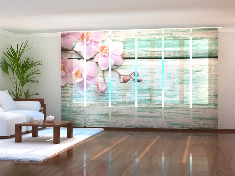 Sliding Panel Curtain Lovely Orchids on a Old Blue Wood