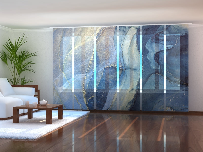 Sliding Panel Curtain Luxury Abstraction in Blue and Gold