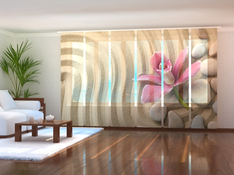 Sliding Panel Curtain Orchid and Spa Stones on Sand
