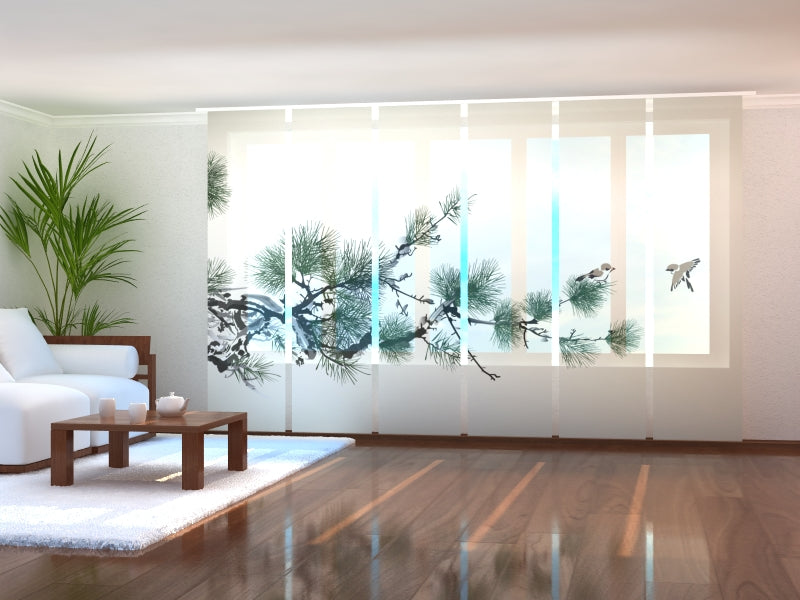 Sliding Panel Curtain Oriental Pine Tree and Birds
