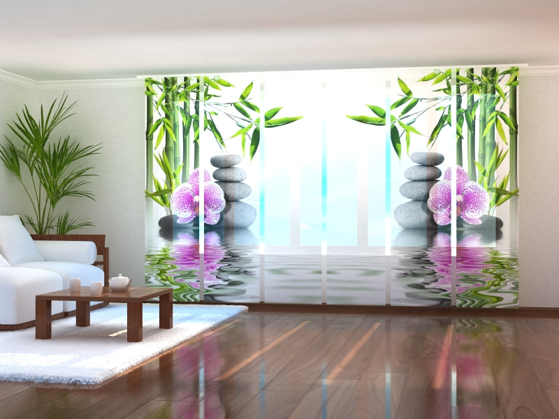 Sliding Panel Curtain Pink Orchid with Bamboo and Stones
