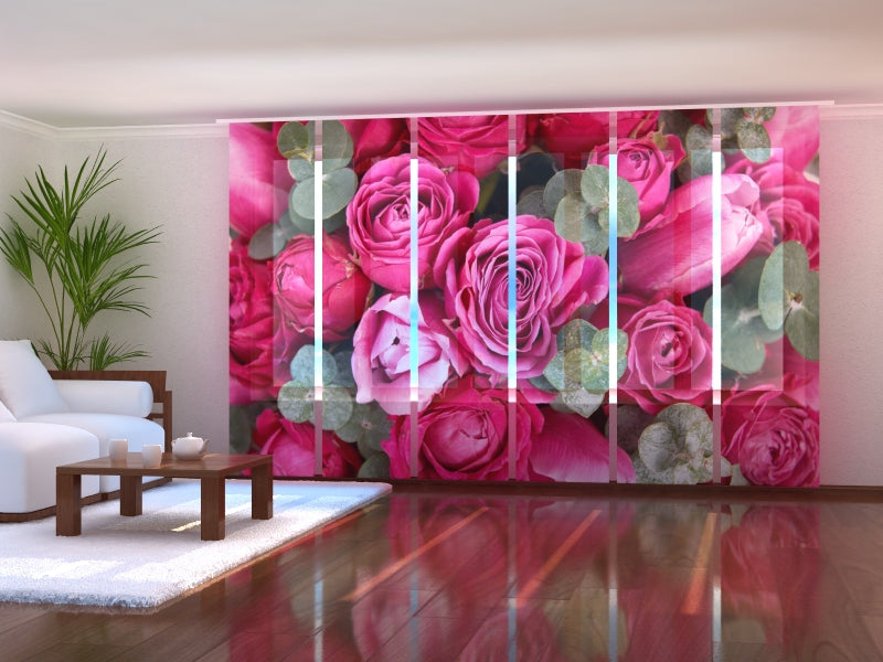 Sliding Panel Curtain Pink Roses with Green Branches