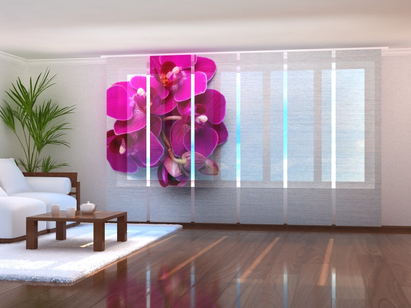 Sliding Panel Curtain Raspberry Orchid on a Gray Wood