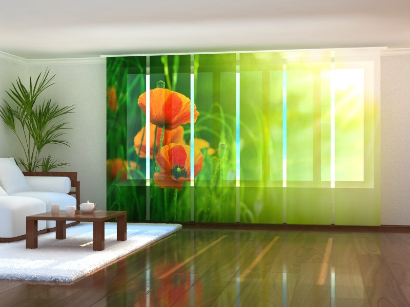 Sliding Panel Curtain Red Poppies in Green Field