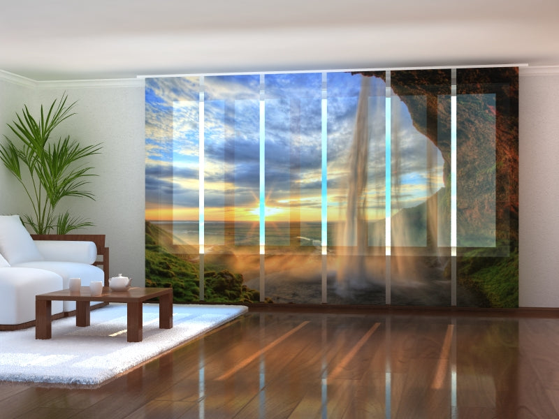 Sliding Panel Curtain Seljalandsfoss Waterfall at Sunset in Iceland