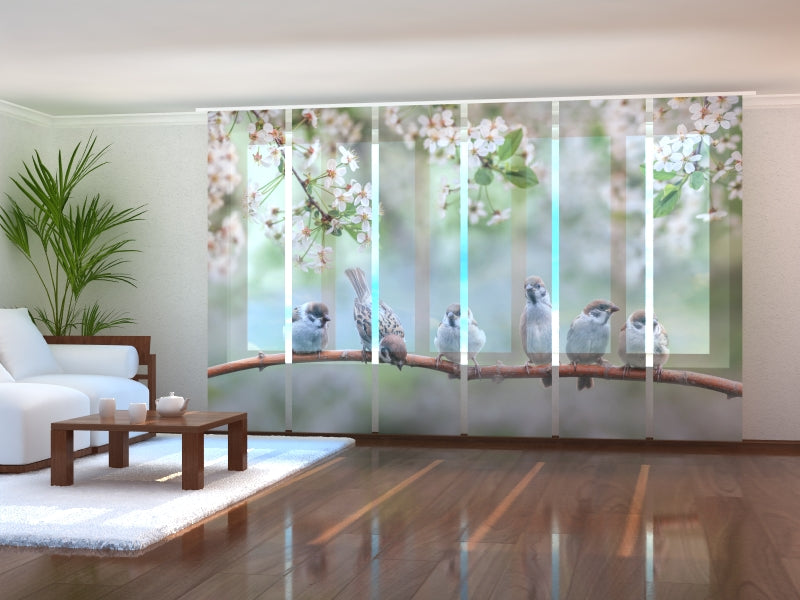 Sliding Panel Curtain Small Birds on a Blooming Tree