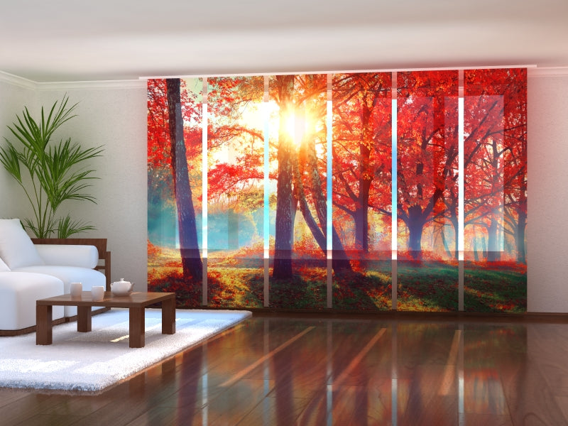 Sliding Panel Curtain Sunshine in the Red Autumn Forest