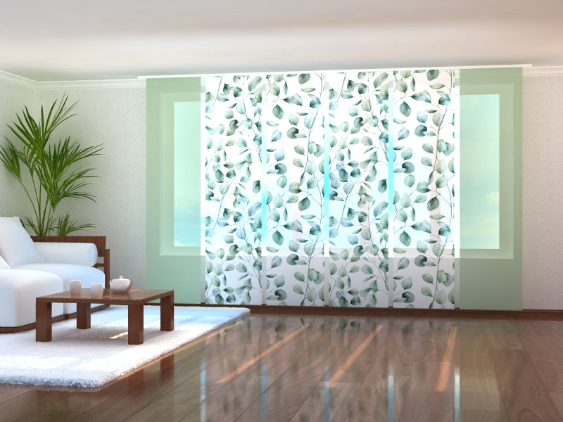 Sliding Panel Curtain Tenderness Green Leaves with Green Lines