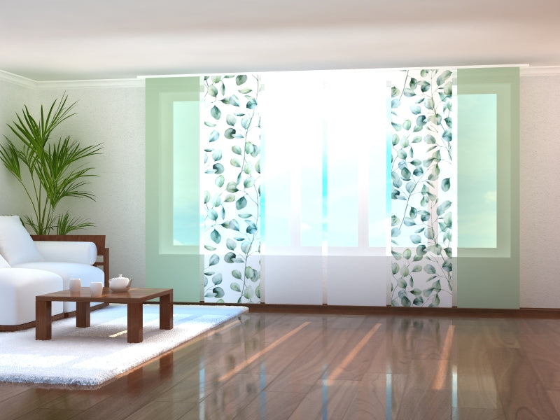 Sliding Panel Curtain Tenderness Green Leaves with Green and White Lines