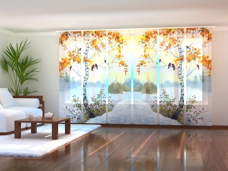 Sliding Panel Curtain Watercolor Bullfinches on the Birch