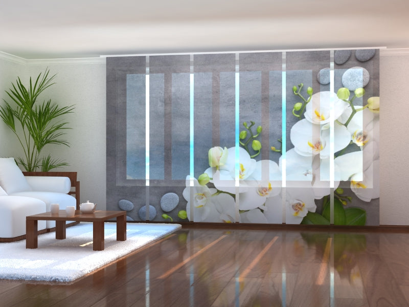 Sliding Panel Curtain White Orchids on Gray Marble