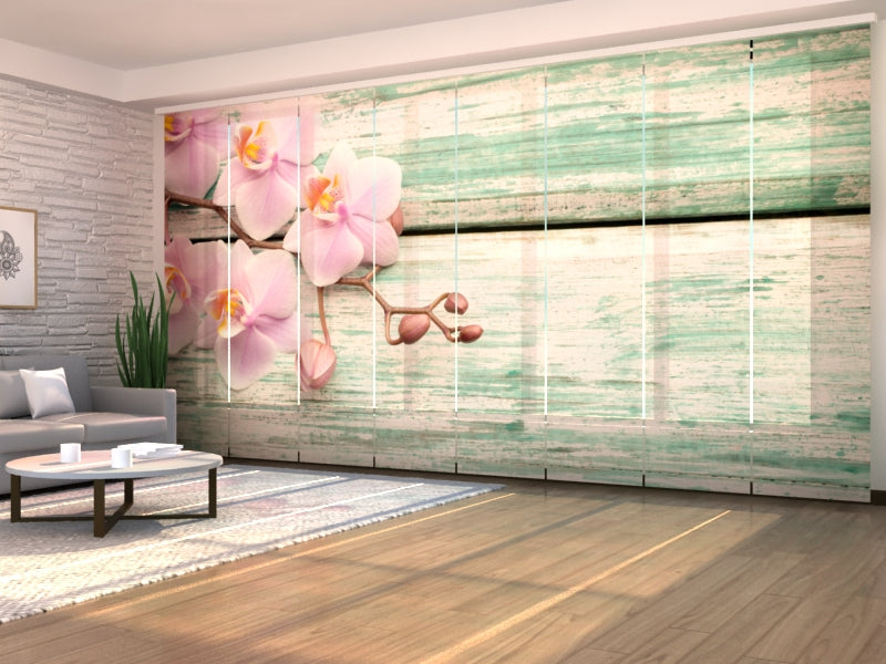 Sliding Panel Curtain Lovely Orchids on a Old Blue Wood