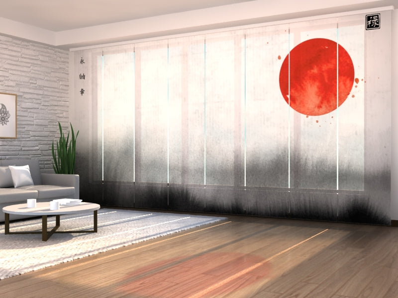 Sliding Panel Curtain Oriental Painting with Hieroglyphs of: Eternity, Freedom, Happiness, Well-being