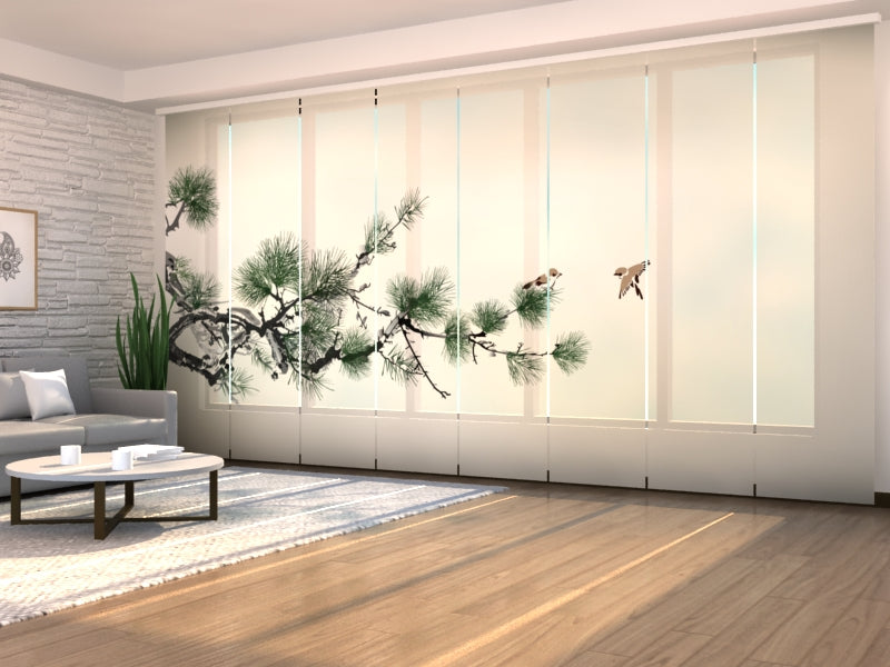 Sliding Panel Curtain Oriental Pine Tree and Birds
