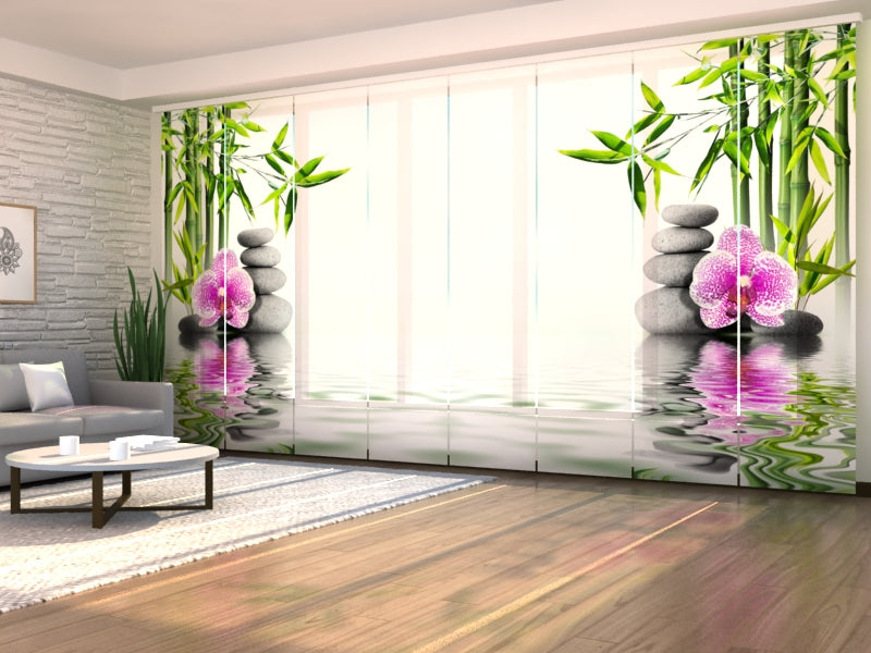 Sliding Panel Curtain Pink Orchid with Bamboo and Stones