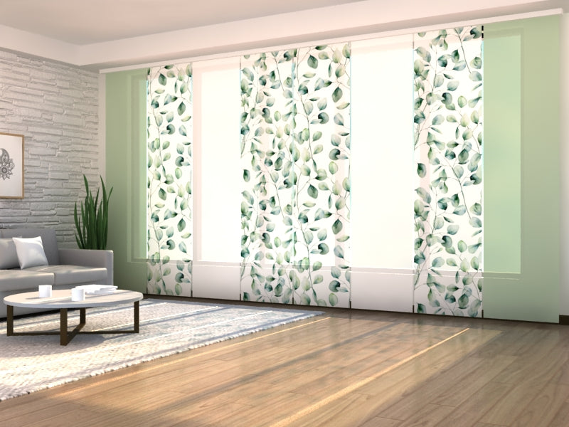 Sliding Panel Curtain Tenderness Green Leaves with Green and White Lines
